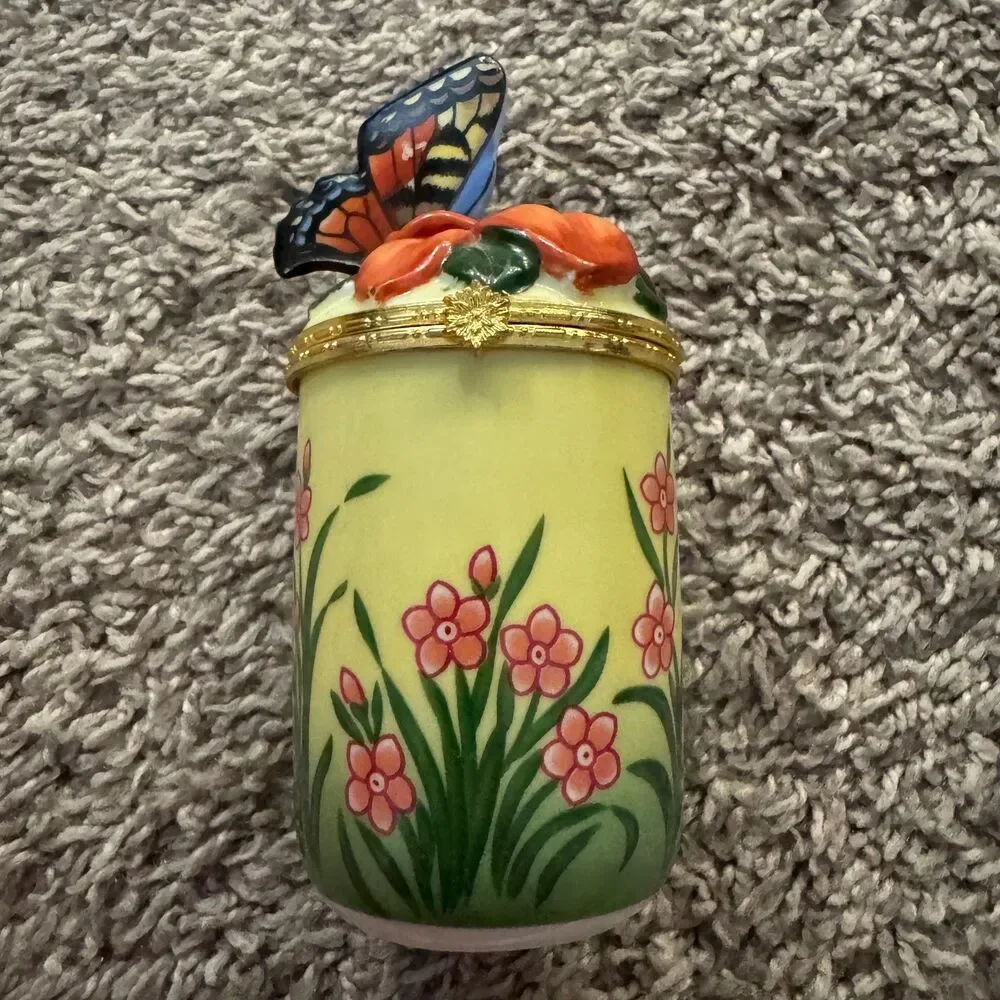 Vintage Bombay Co Porcelain Butterfly Flower Hinged Trinket Box Candle Holder